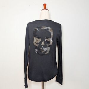 Zadig & Voltaire Tunisien Skull Studs Black Long Sleeve Henley T-Shirt Size Med